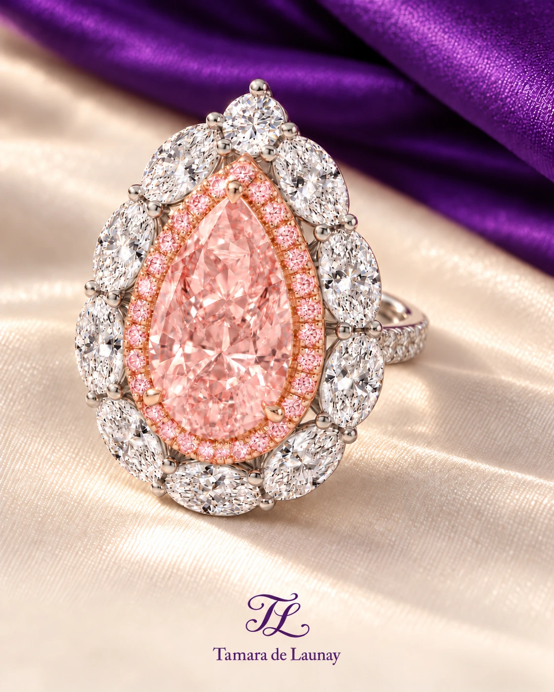 Editorial visualization of the pink pear diamond ring